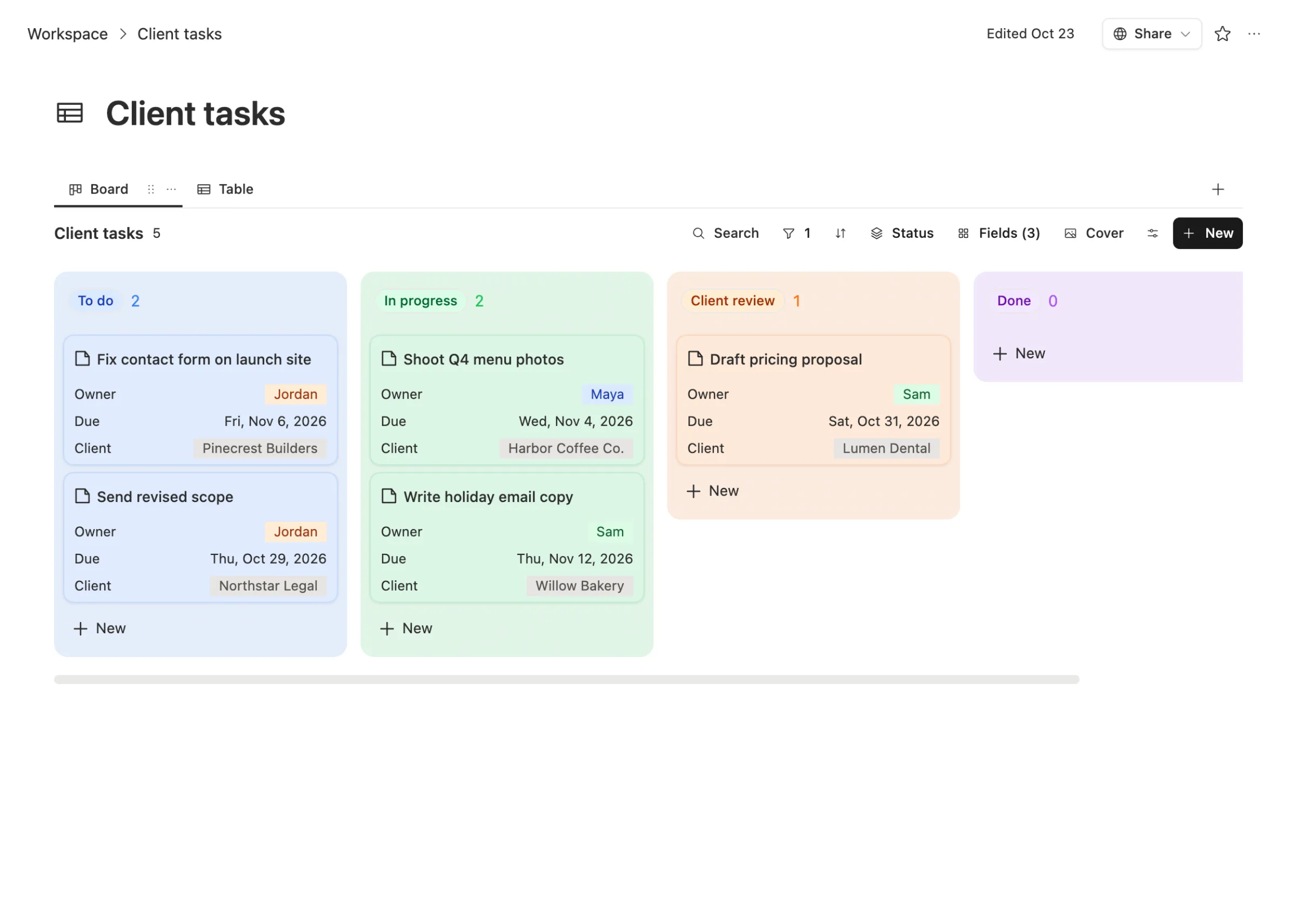 The Client tasks board in Team Brain: to do, in progress, client review and done, each card with its owner, due date and client.