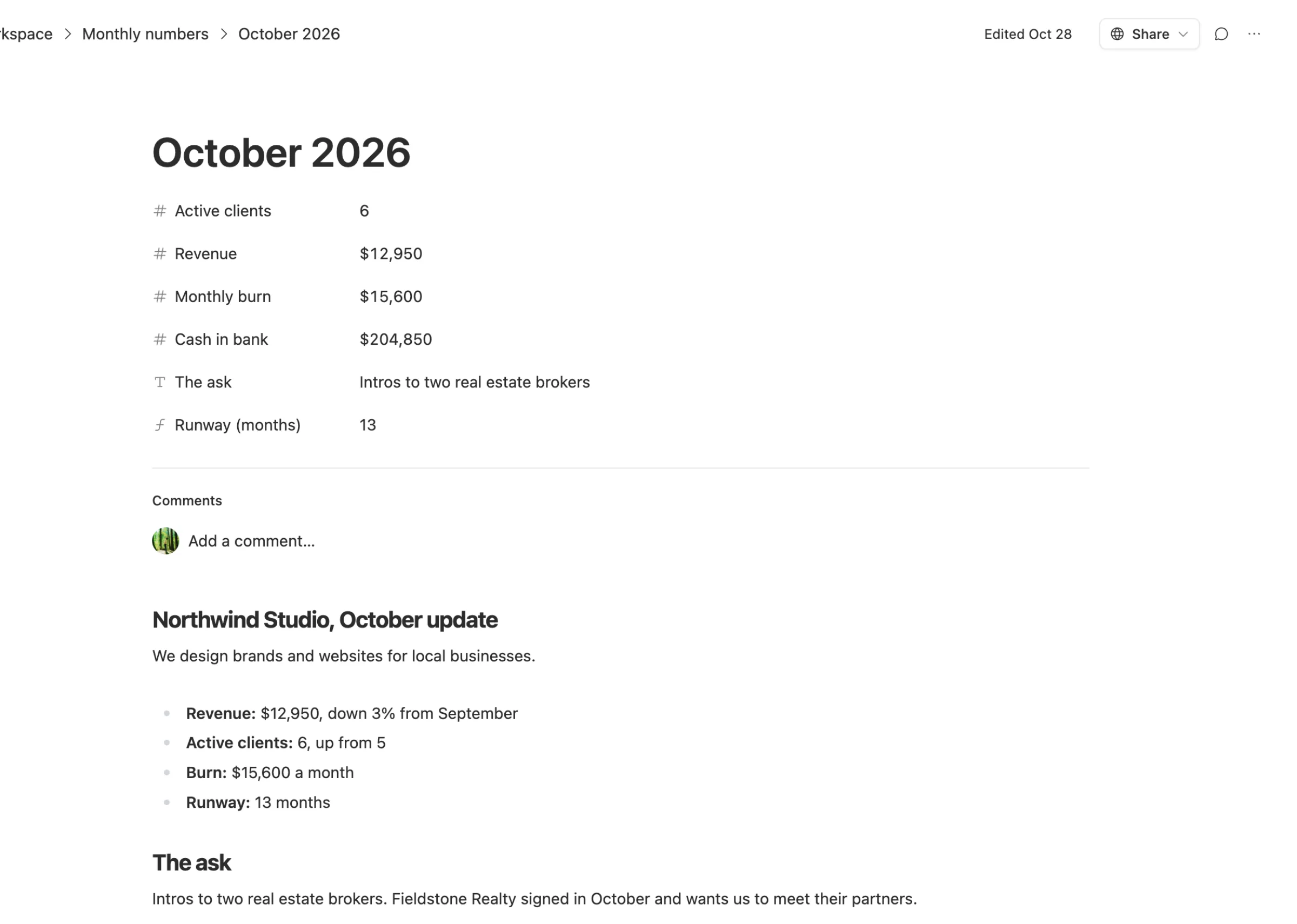 October's update in Team Brain: the month's numbers on top, then the update itself, with a one-line description, revenue, clients, burn and runway, and the ask.