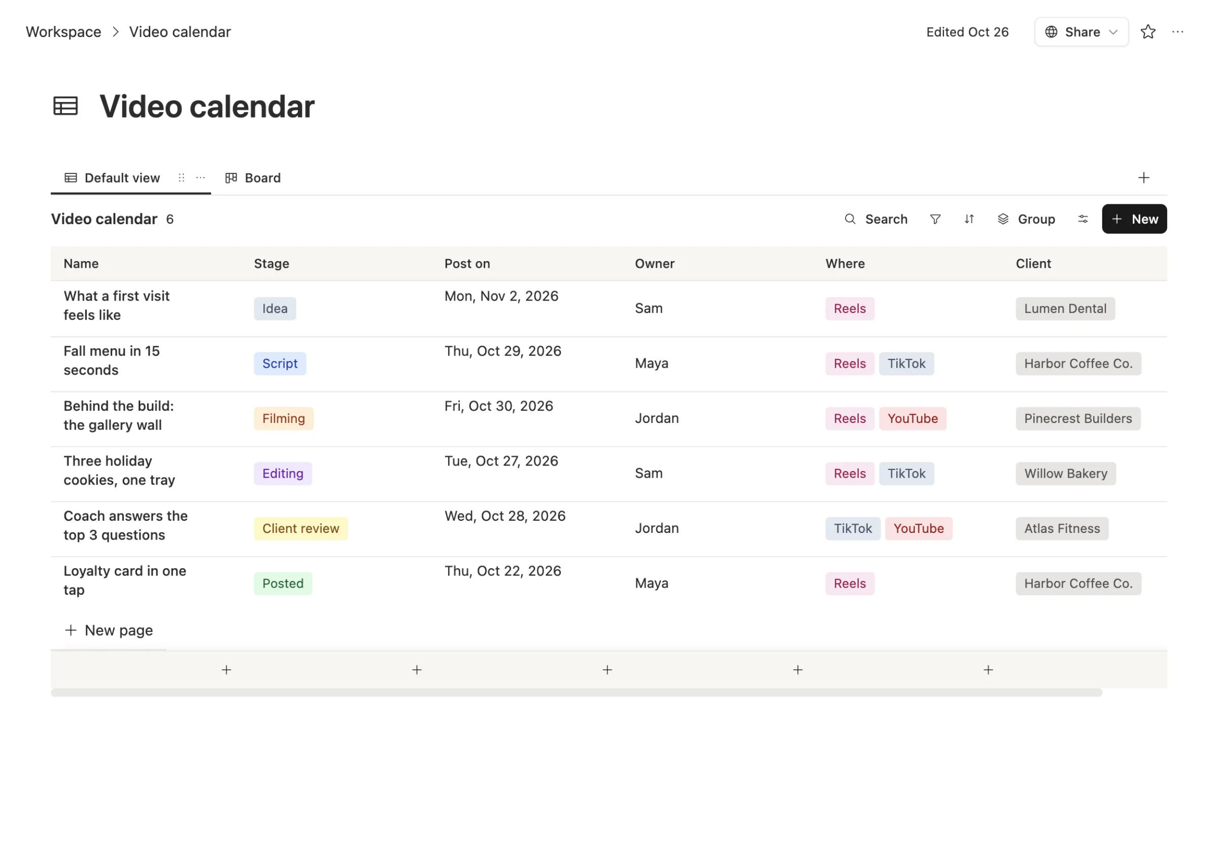 The Video calendar table in Team Brain: six client videos, each with a stage from Idea to Posted, a post date, an owner, the platforms and the client.