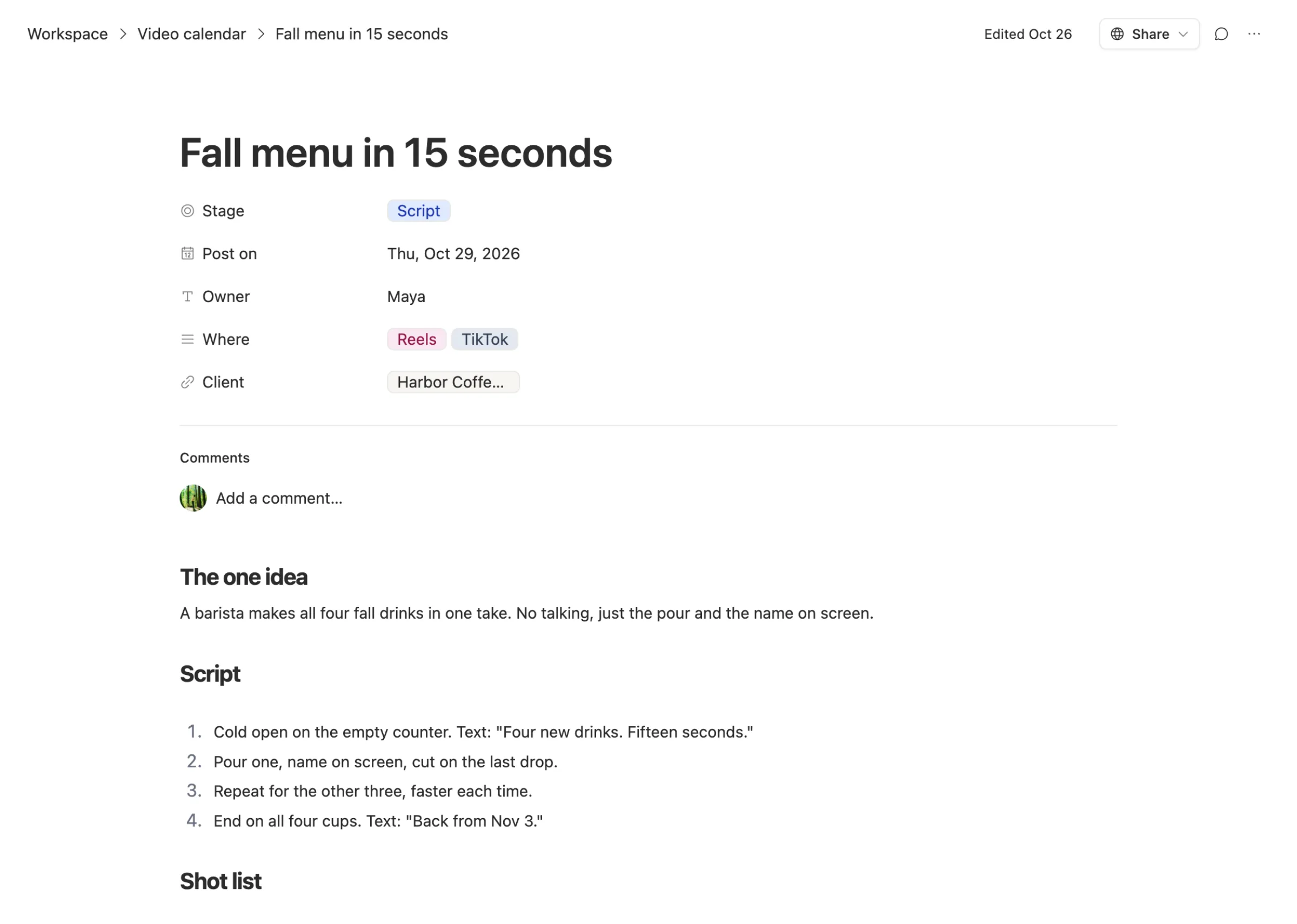 A video row in Team Brain called Fall menu in 15 seconds: stage Script, posting October 29, owned by Maya, for Reels and TikTok, for Harbor Coffee Co., with the idea, script and shot list in the body.