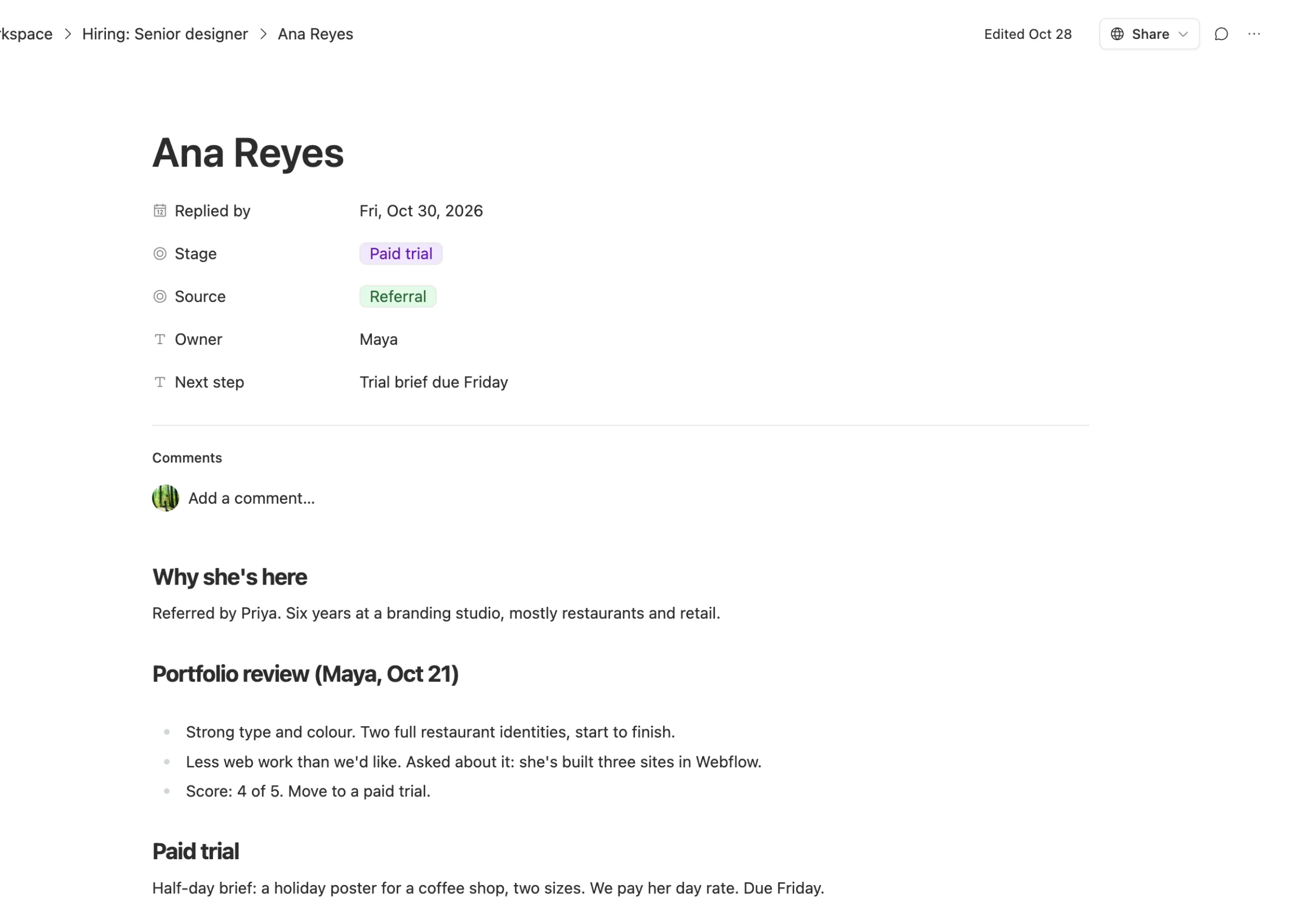 A candidate in Team Brain: reply-by date, stage, source, owner and next step on top, then why she's here, the portfolio review and the paid trial brief.
