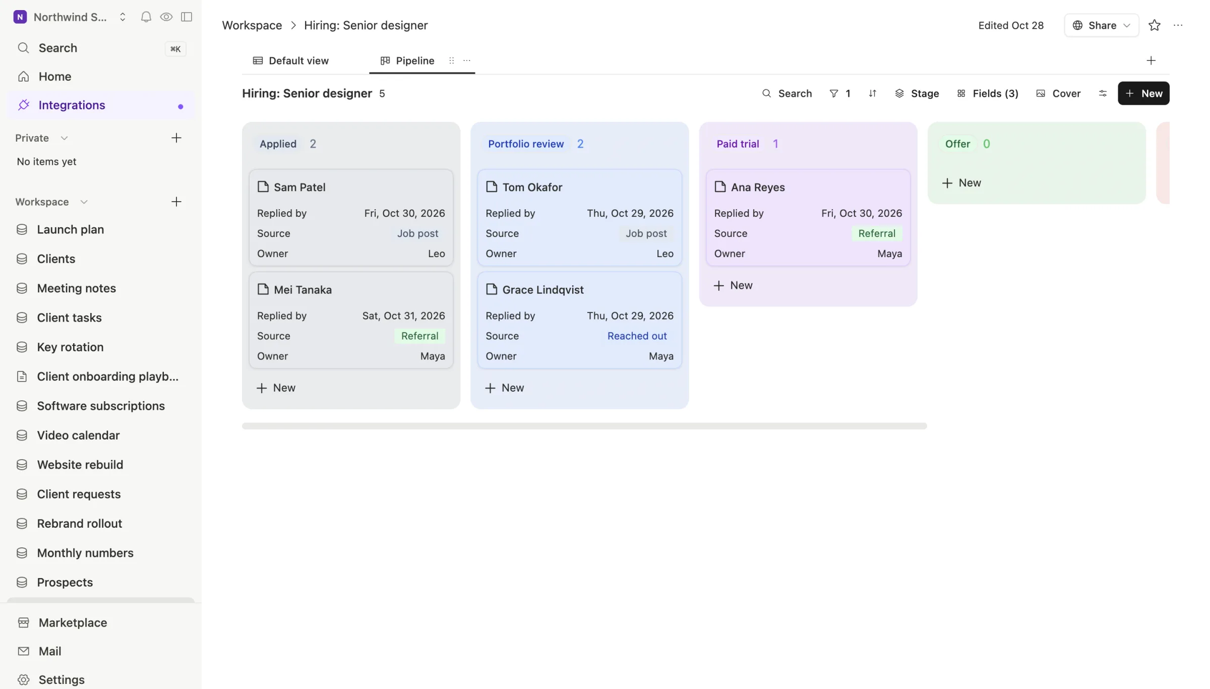 The senior designer hiring board in Team Brain: candidates grouped by Applied, Portfolio review, Paid trial and Offer, each with a reply-by date, source and owner.