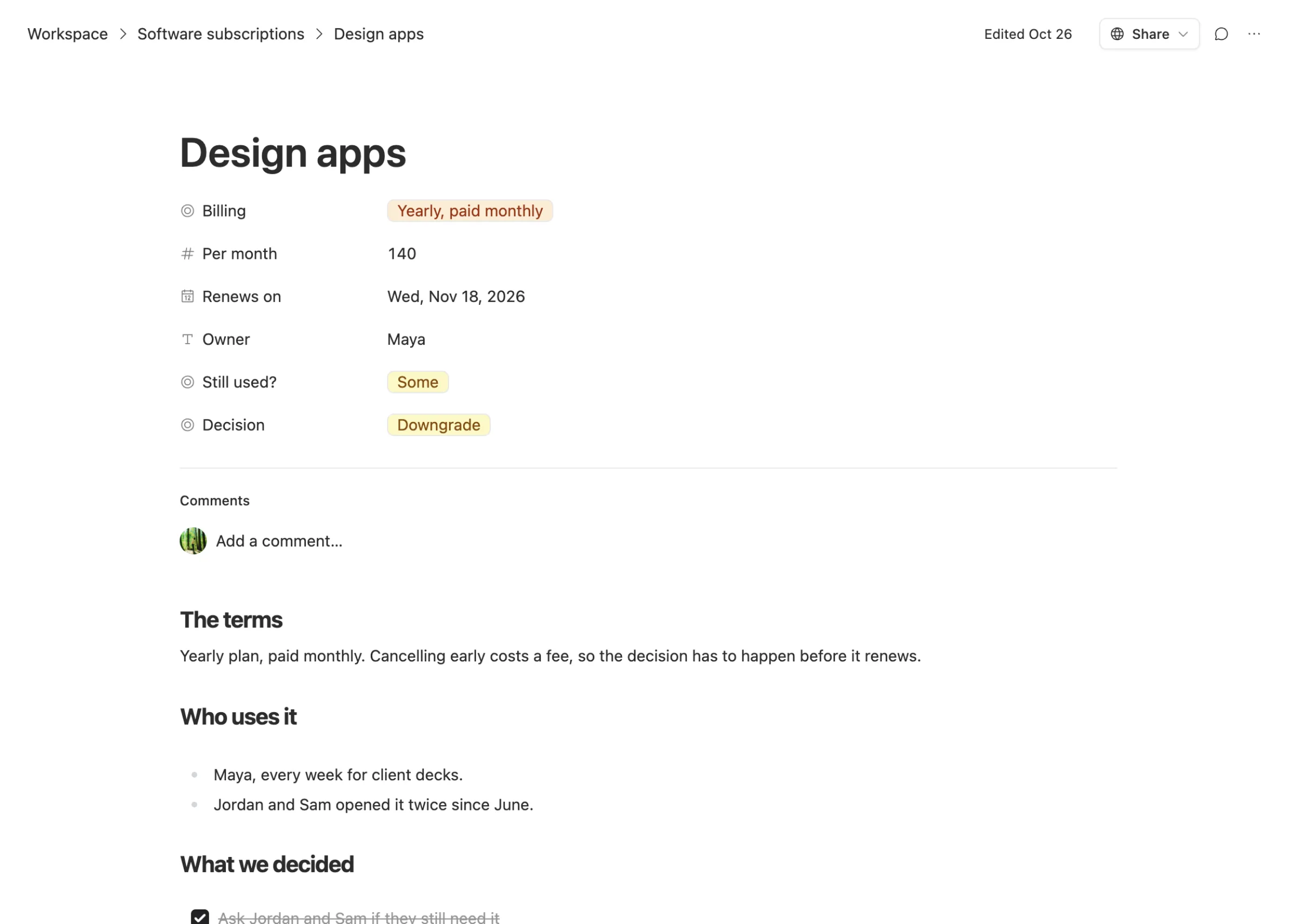 A subscription row in Team Brain for Design apps: yearly plan paid monthly, $140 a month, renews November 18, owned by Maya, still used by some, decision downgrade, with notes on terms and who uses it.