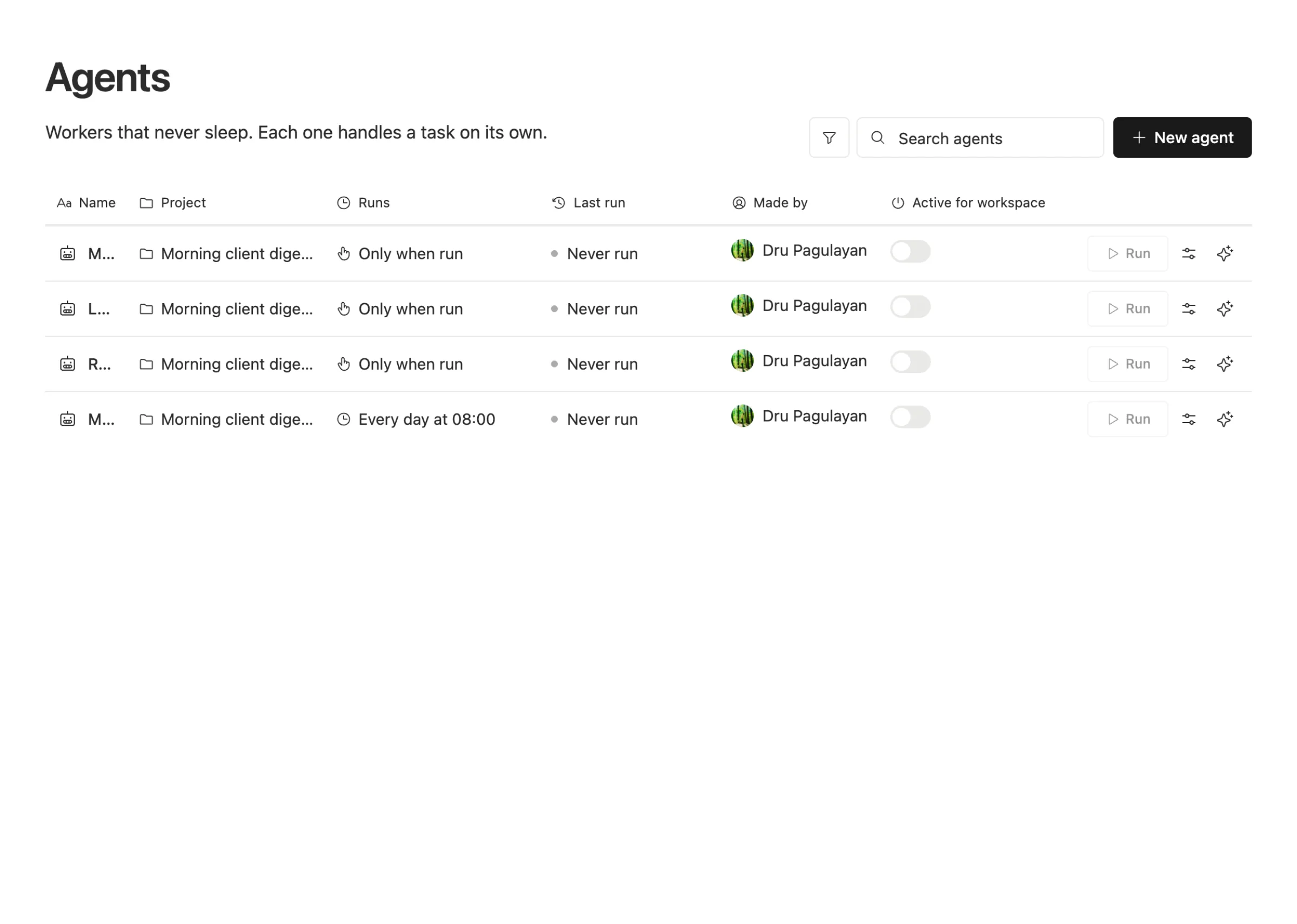 The Agents page in Team Brain: each agent with its project, when it runs, its last run, who made it, and a switch to turn it on or off for the workspace.