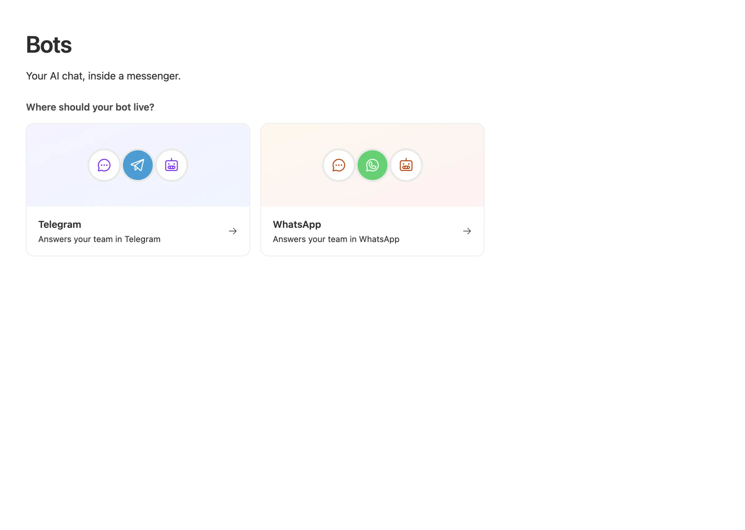 The Bots page in Team Brain: pick where your bot should live, Telegram or WhatsApp.