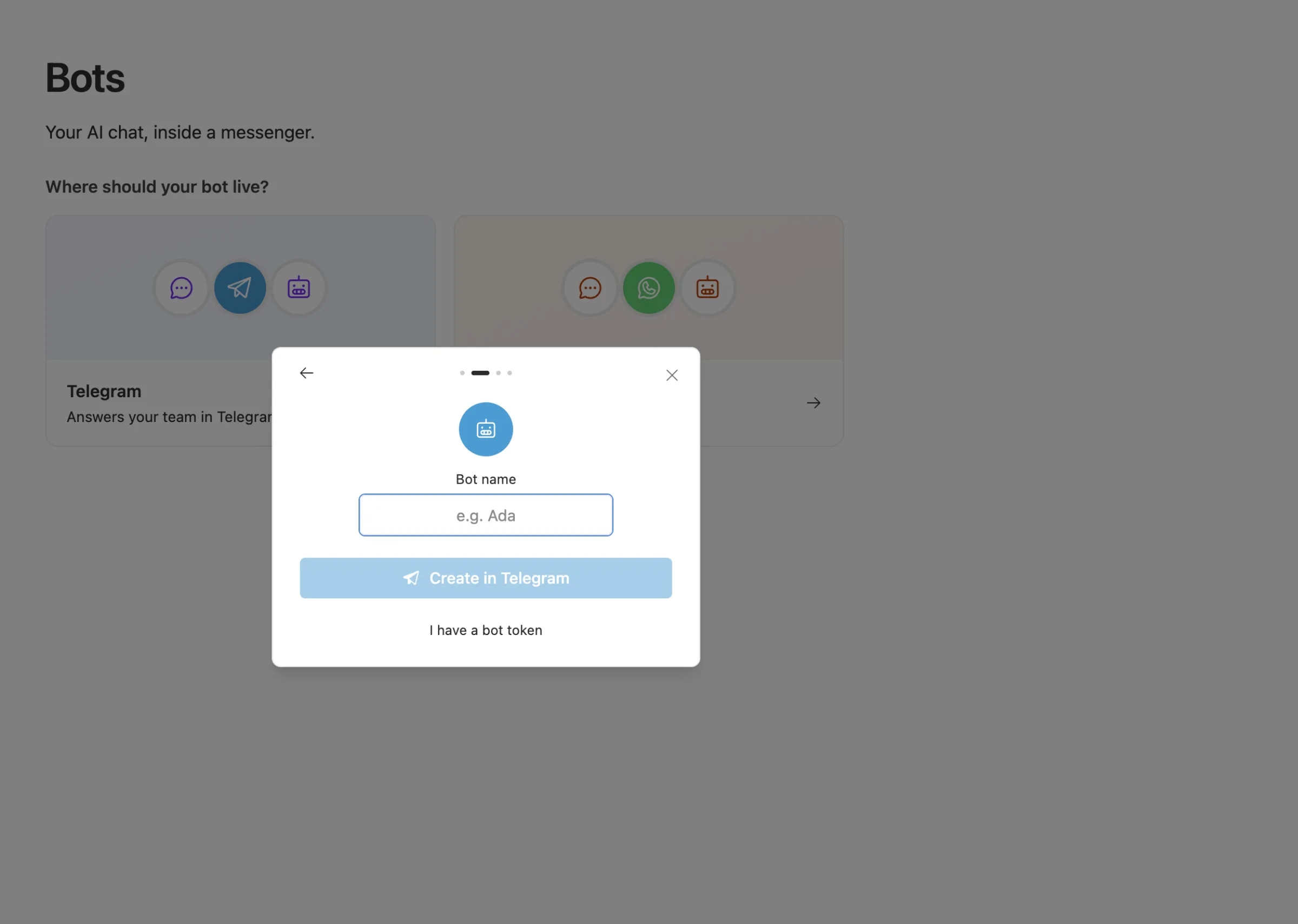 Creating a Telegram bot in Team Brain: type a name, then Create in Telegram, or paste a bot token you already have.