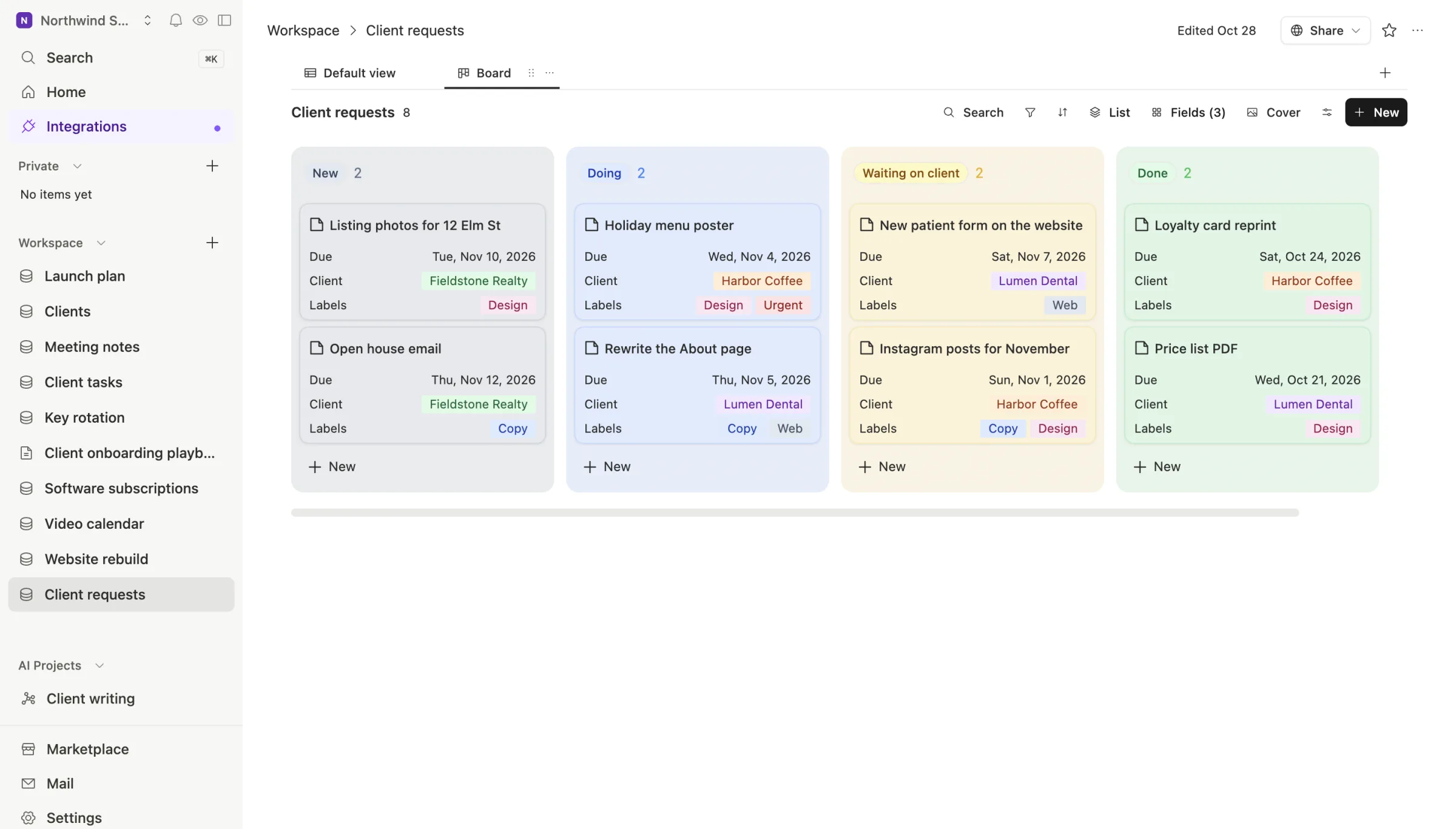 The same requests as a board in Team Brain, grouped by list: New, Doing, Waiting on client and Done.