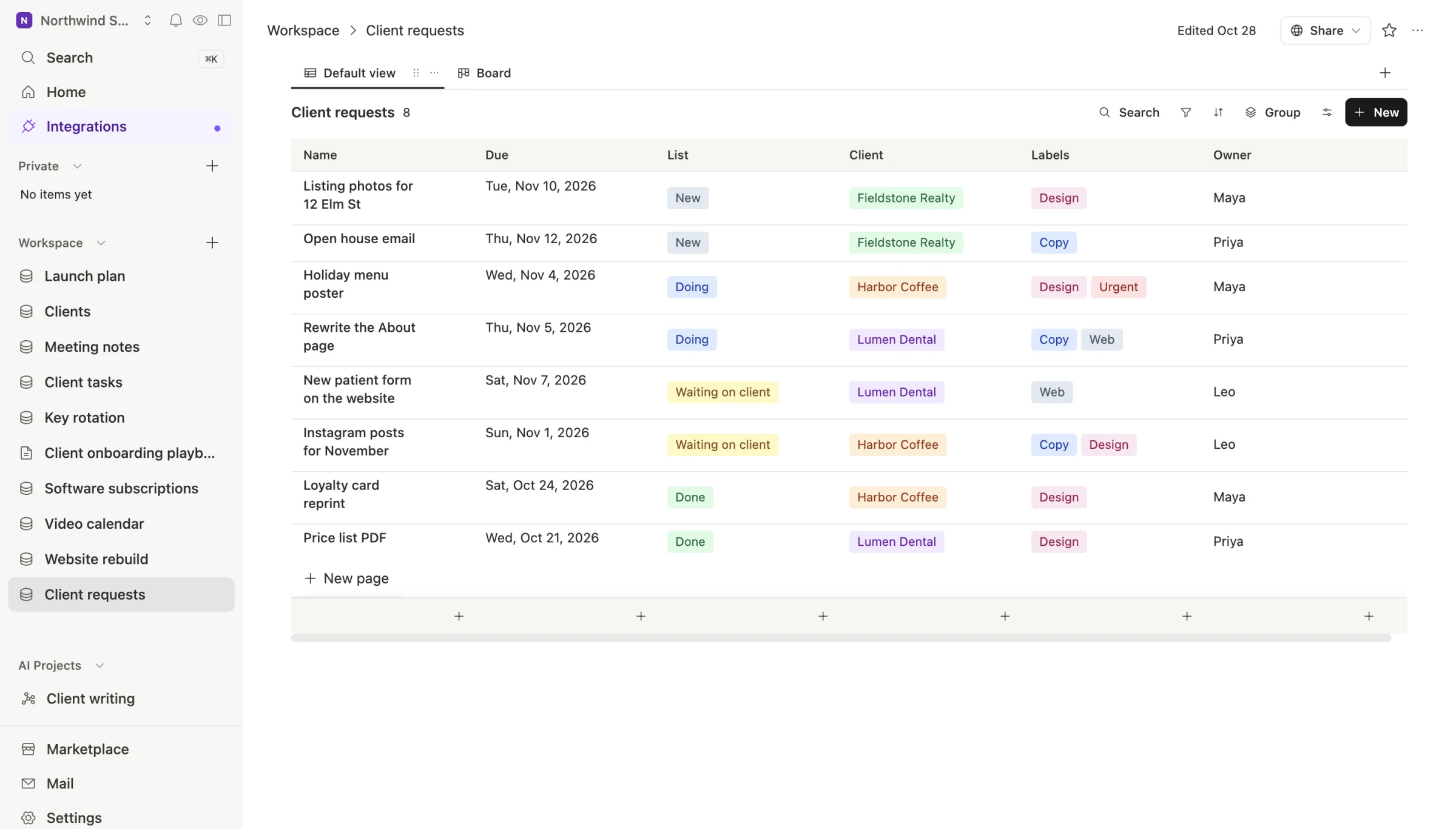 The imported Client requests table in Team Brain: each card with its due date, list, client, labels and owner.