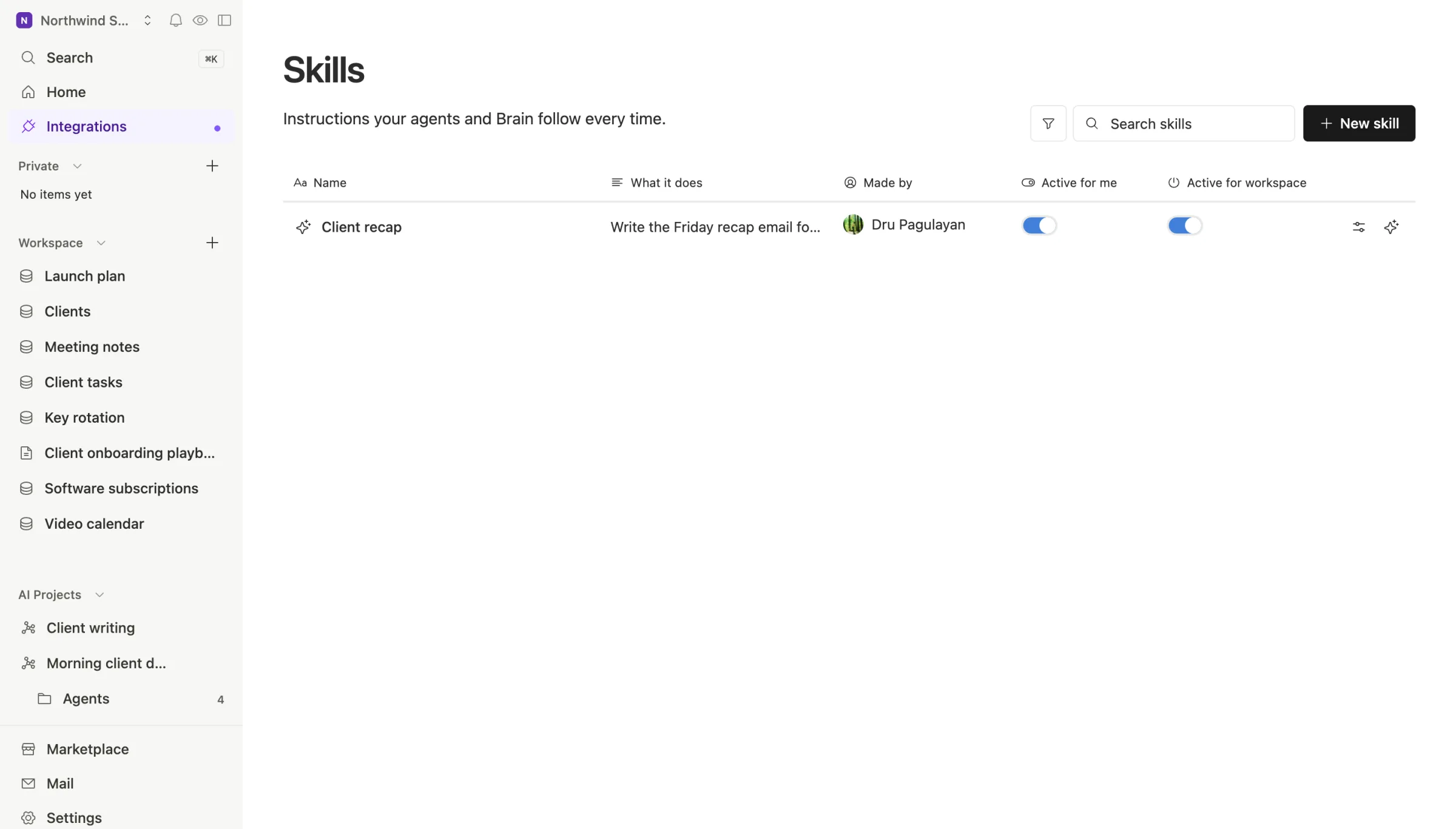 The Skills page in Team Brain: each skill with what it does, who made it, and whether it's on for you and for the workspace.