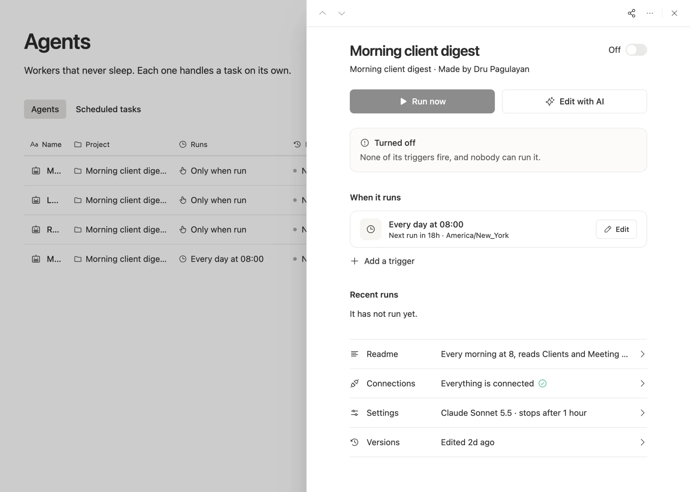 An agent in Team Brain: its schedule, recent runs, and the model it uses under Settings.