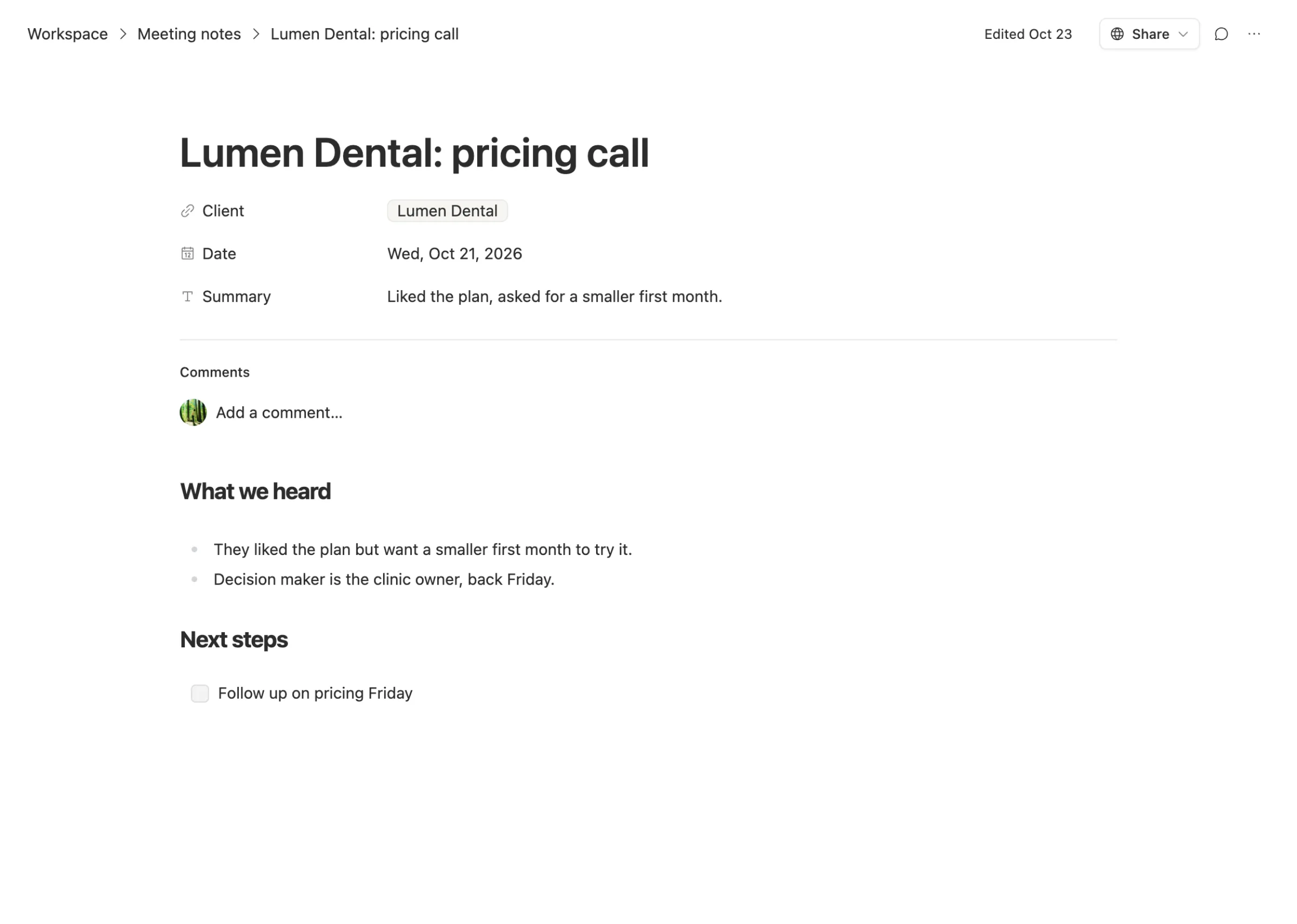 A meeting note in Team Brain: client, date and summary at the top, what we heard below, and next steps as a checklist.