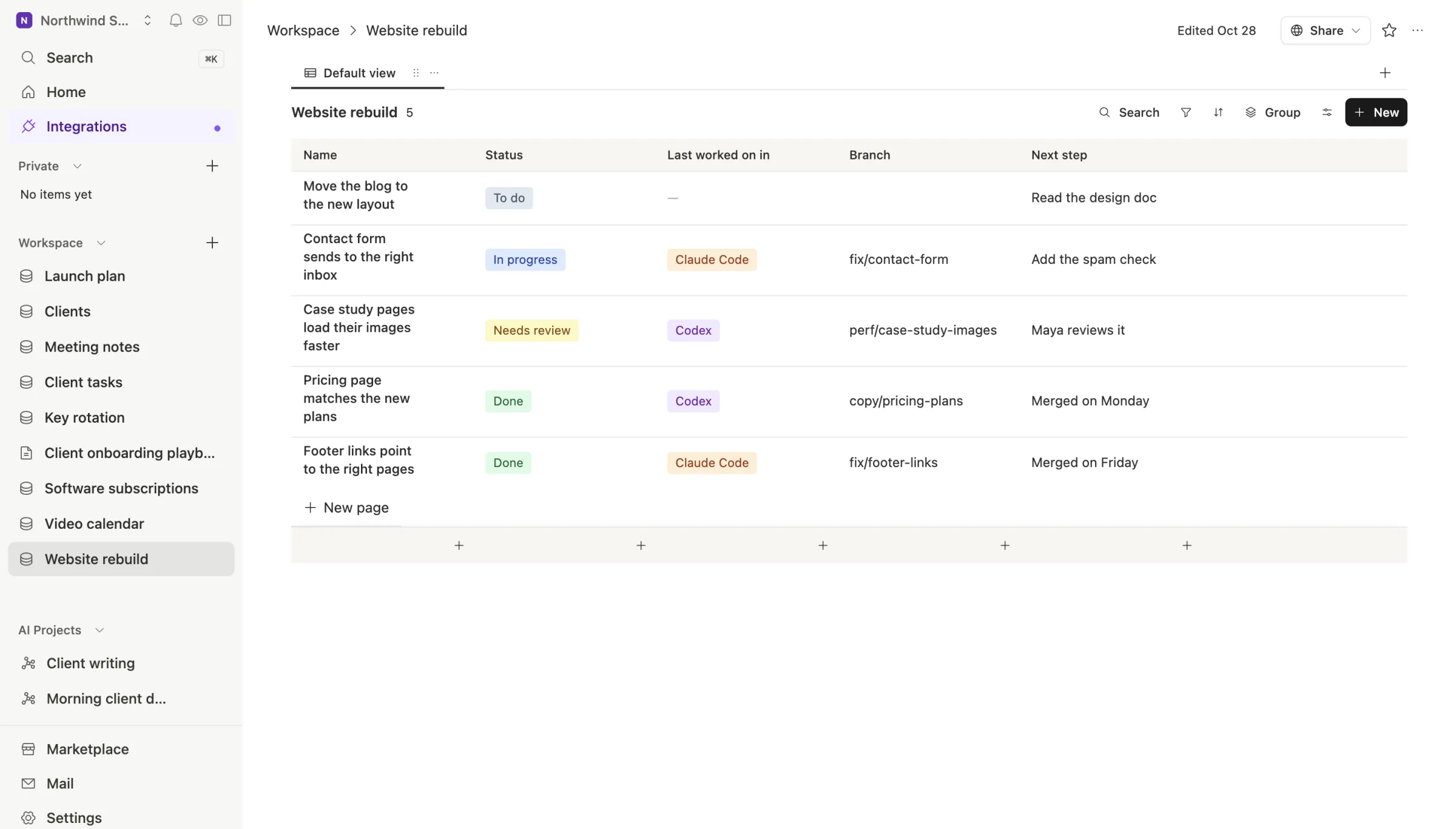 The Website rebuild table in Team Brain: each task with its status, the tool that last worked on it, its branch and its next step.