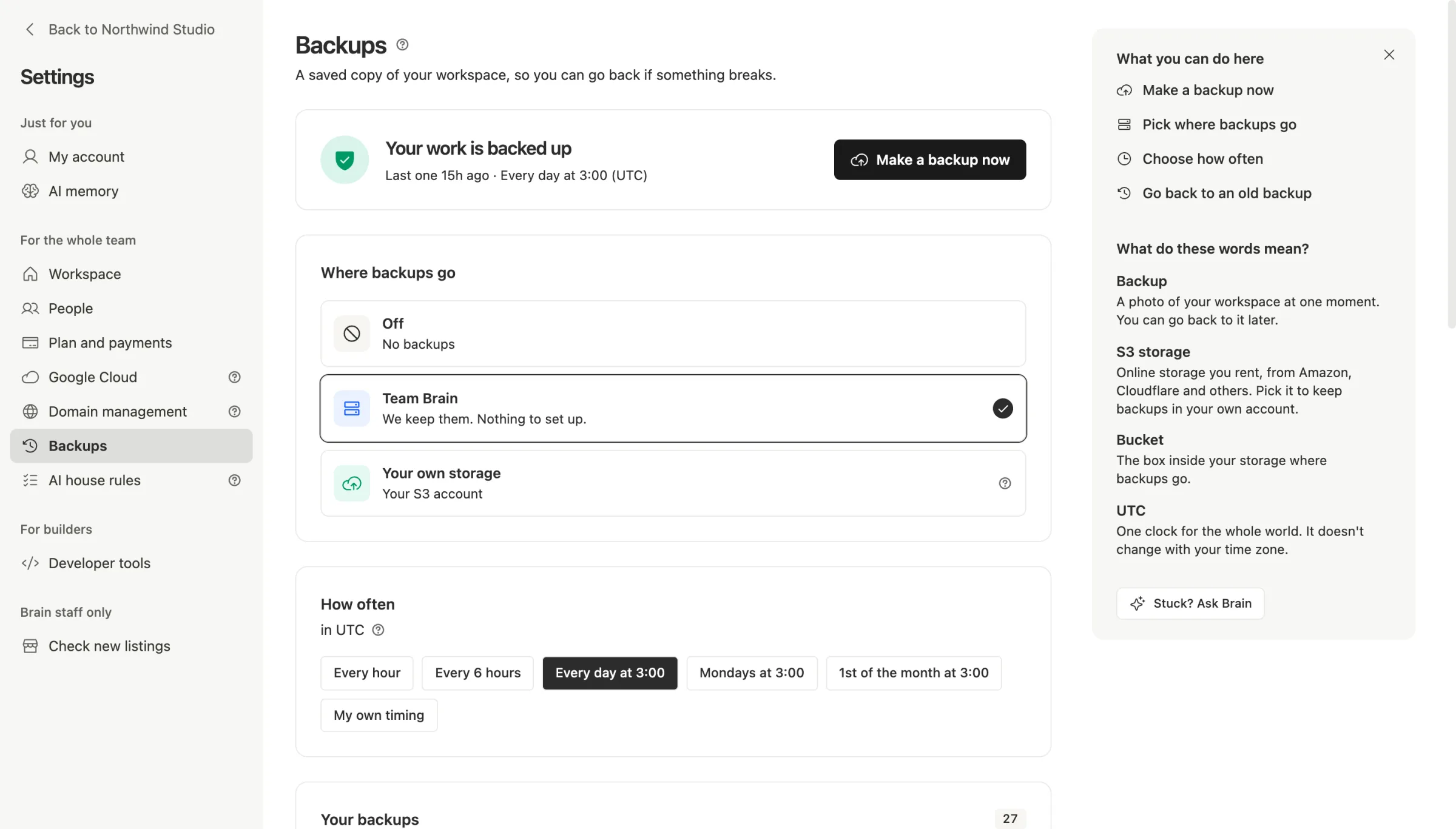 Team Brain's Backups settings: your work is backed up every day at 3:00 UTC, kept by Team Brain or in your own S3 storage, with a button to make a backup now.