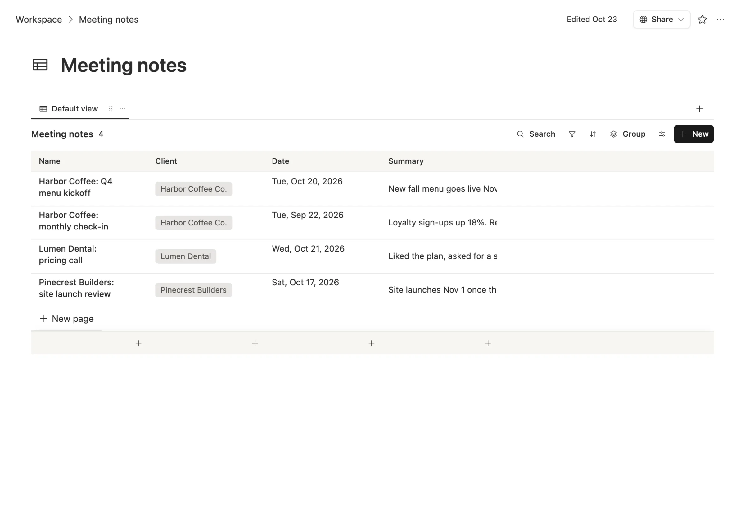 The Meeting notes table in Team Brain: each meeting with its client, date and summary, in one place the whole team can open.