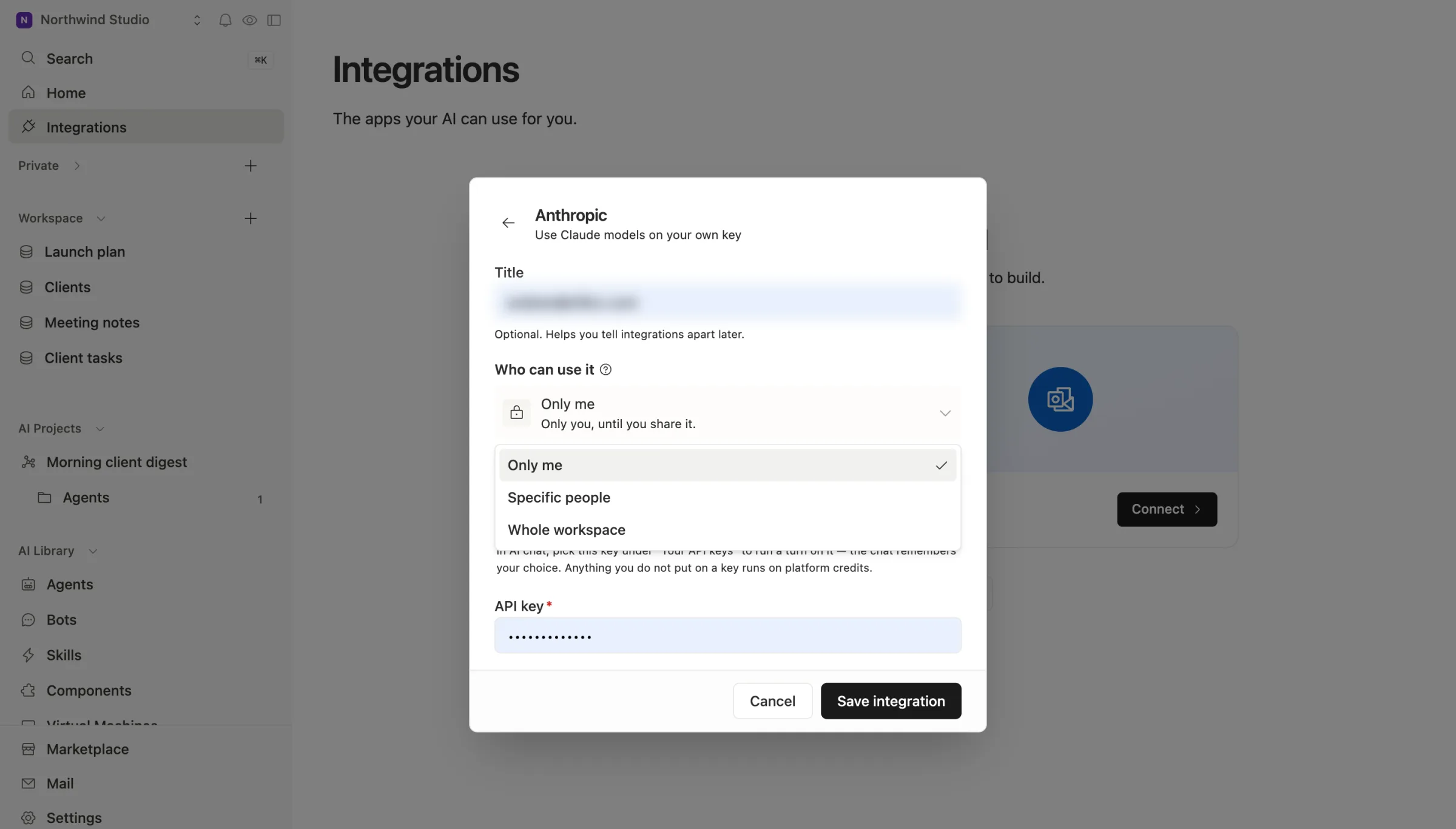 Adding an Anthropic key in Team Brain: who can use it is set to Only me, with Specific people and Whole workspace as the other choices.