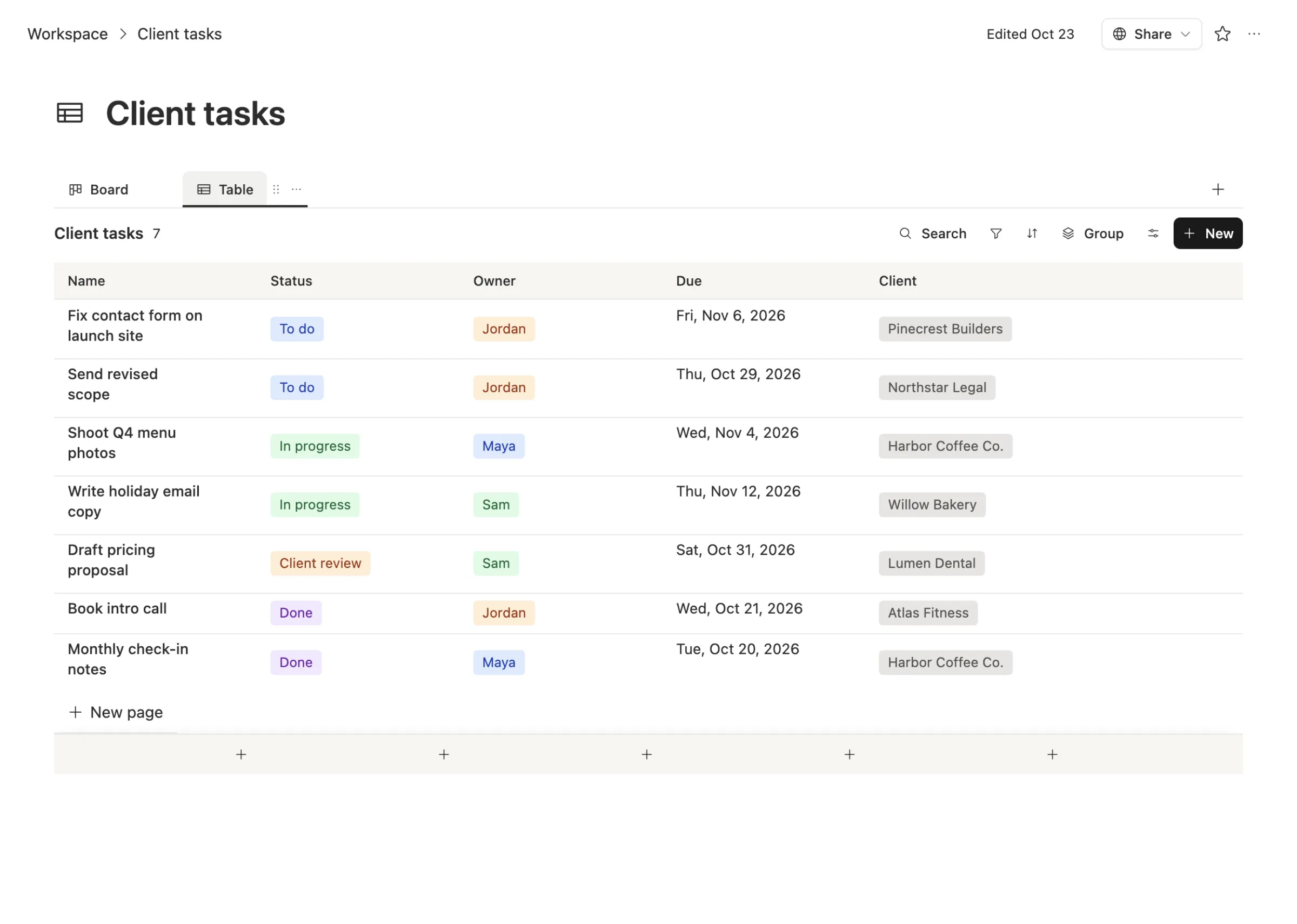 The Client tasks table in Team Brain: each task with status, owner, due date and the client it belongs to.