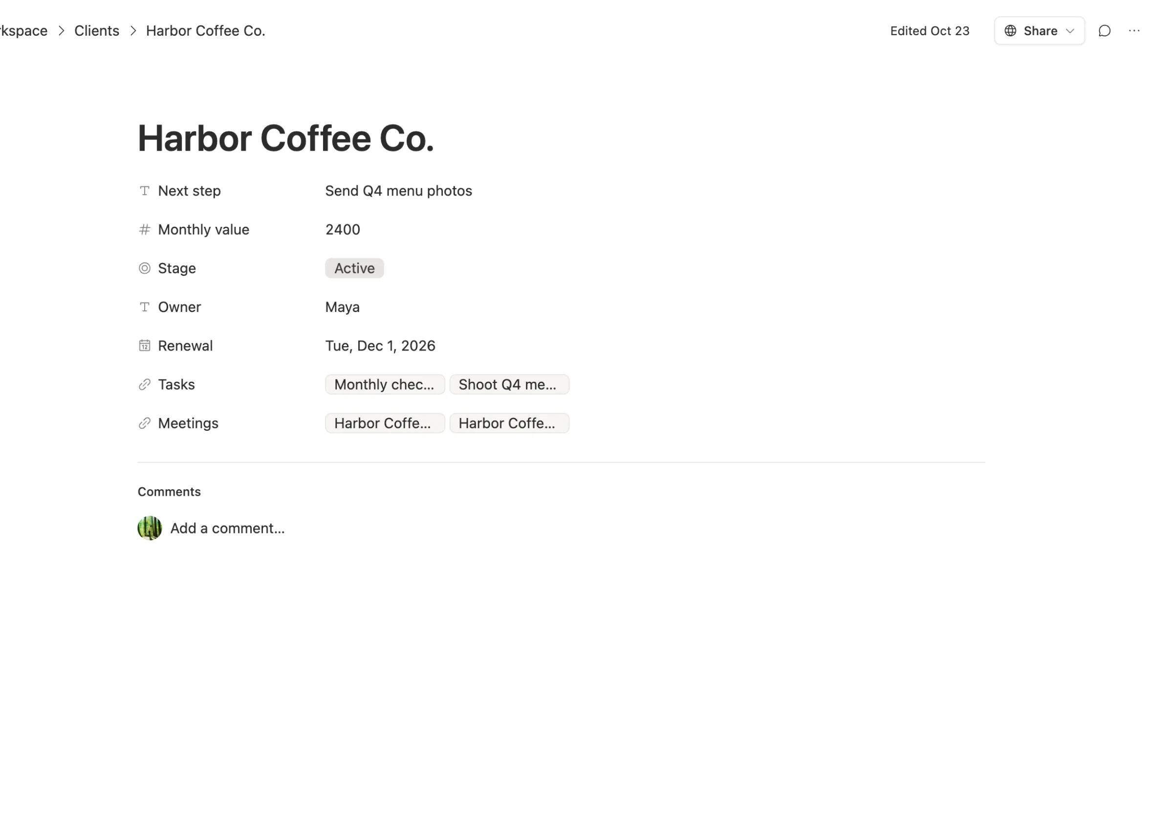 A client in Team Brain: next step, monthly value, stage, owner and renewal date, with linked tasks and meeting notes.