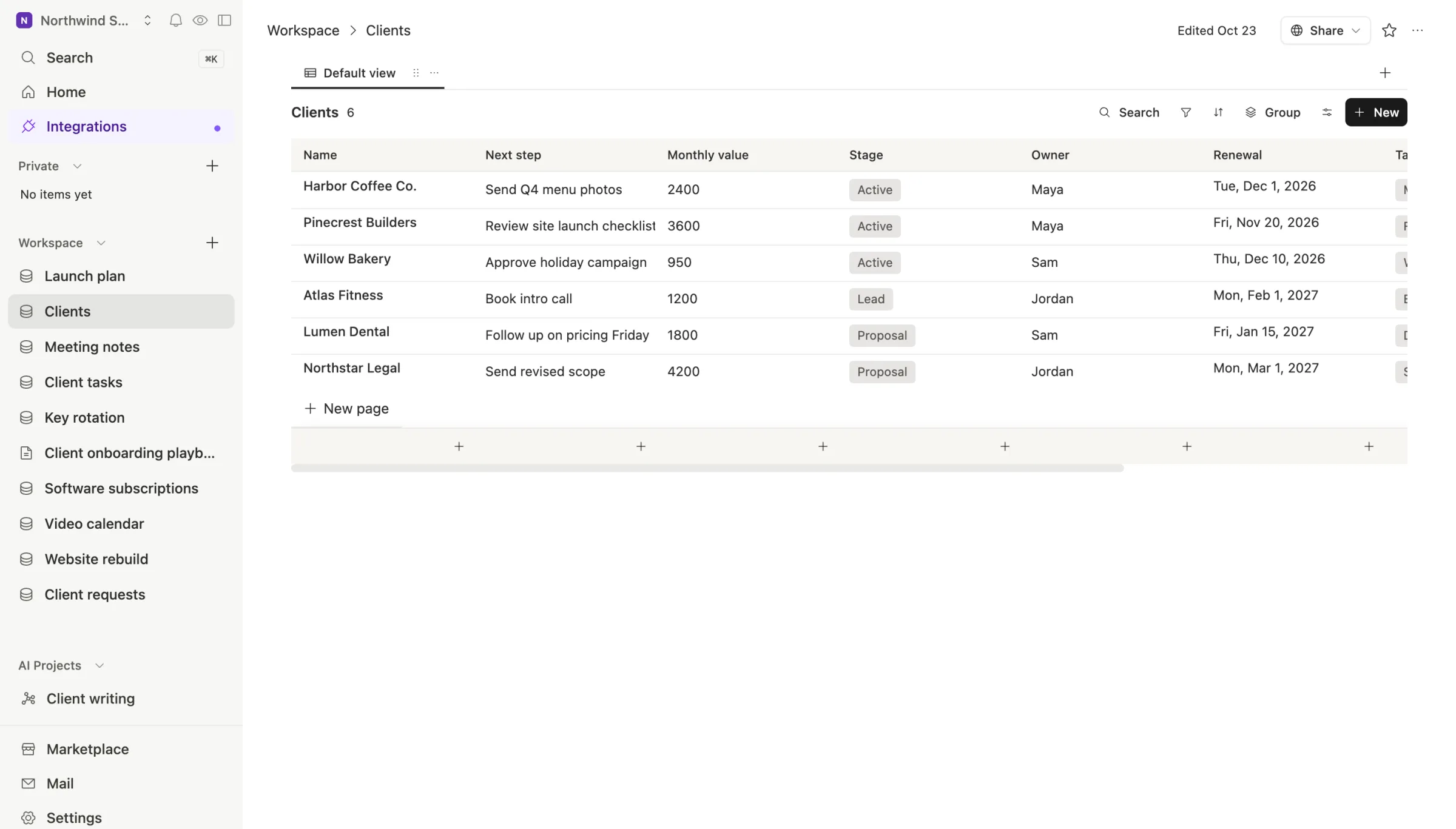 The Clients table in Team Brain: each client with its next step, monthly value, stage, owner and renewal date.
