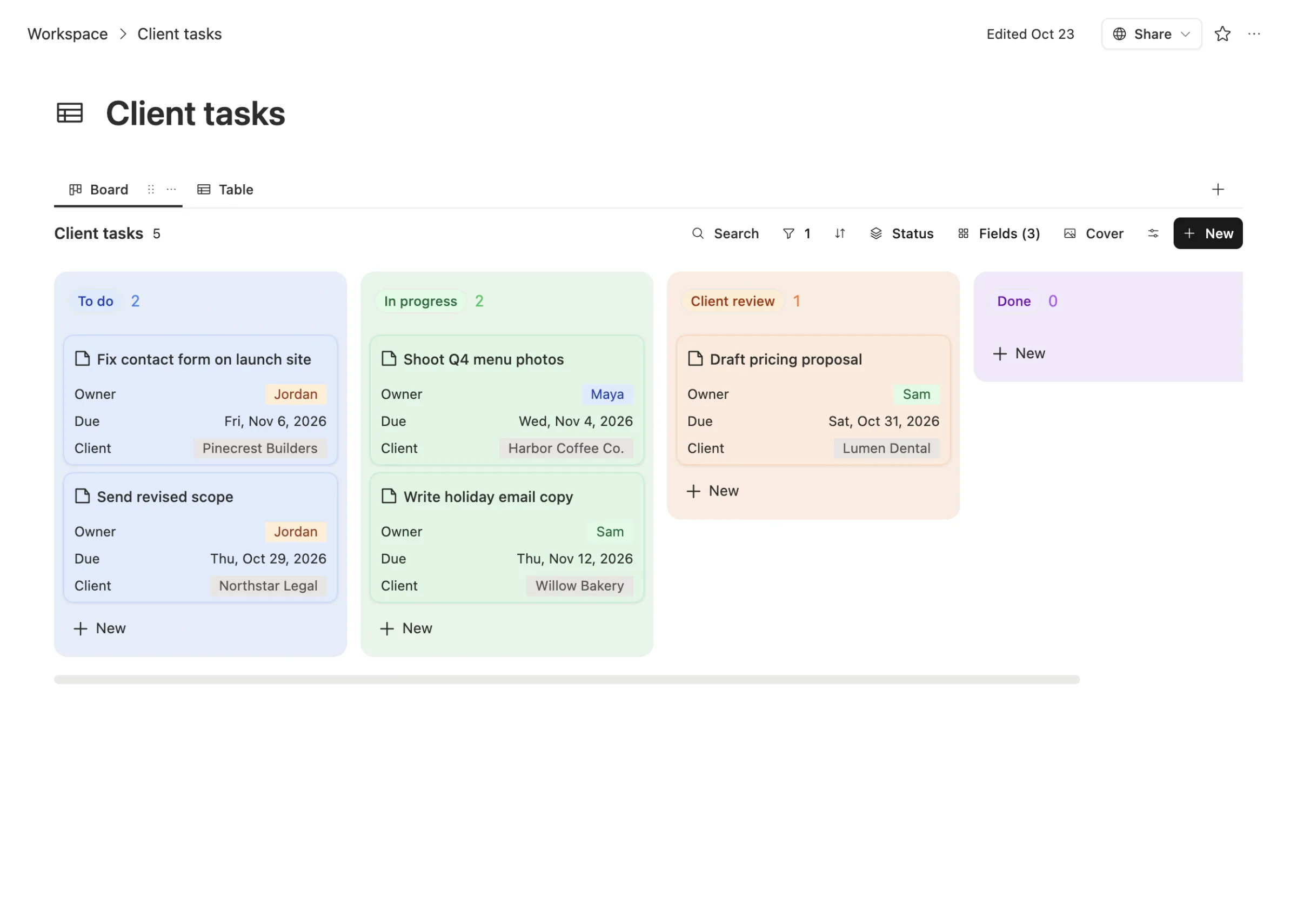 A Client tasks board in Team Brain: To do, In progress and Client review columns, each card showing its owner, due date and linked client.