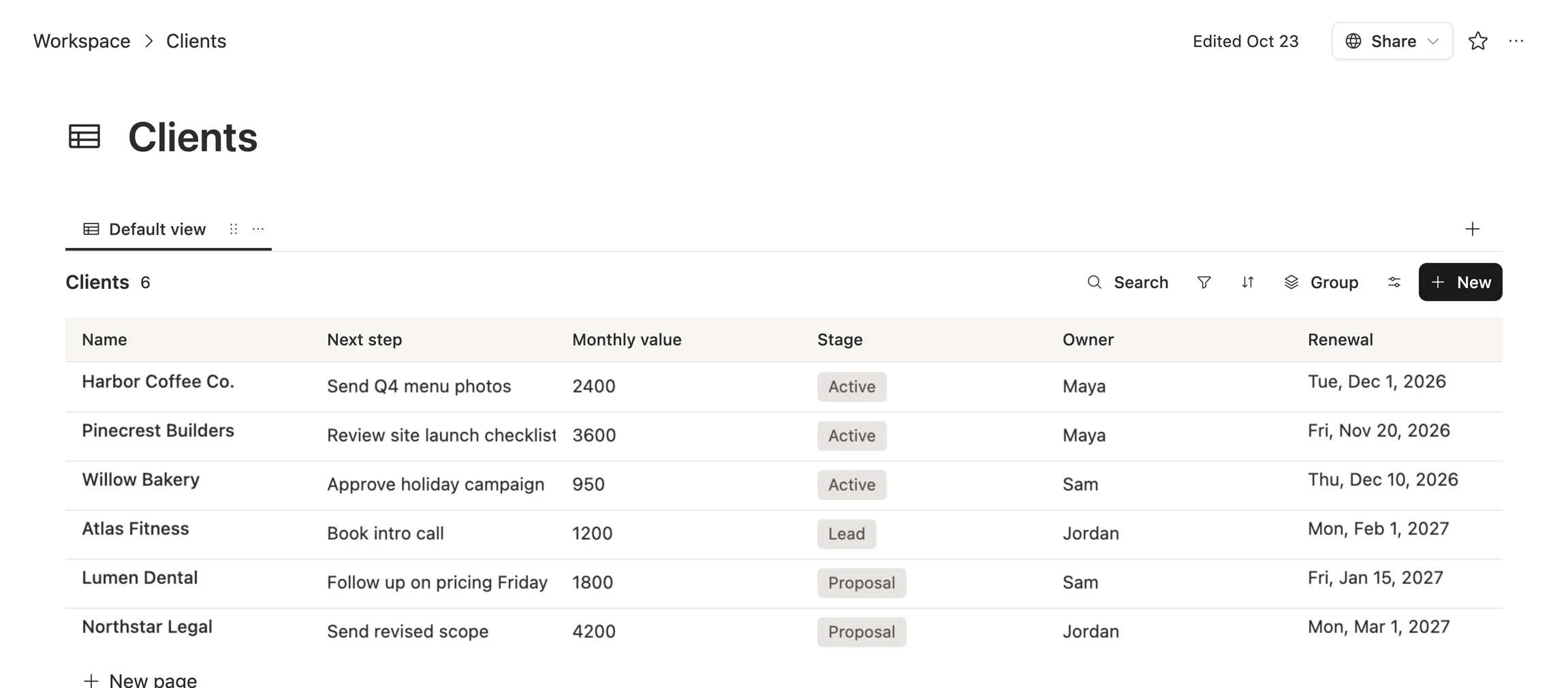 The Clients table in Team Brain: stage, owner, next step and renewal date for each client.
