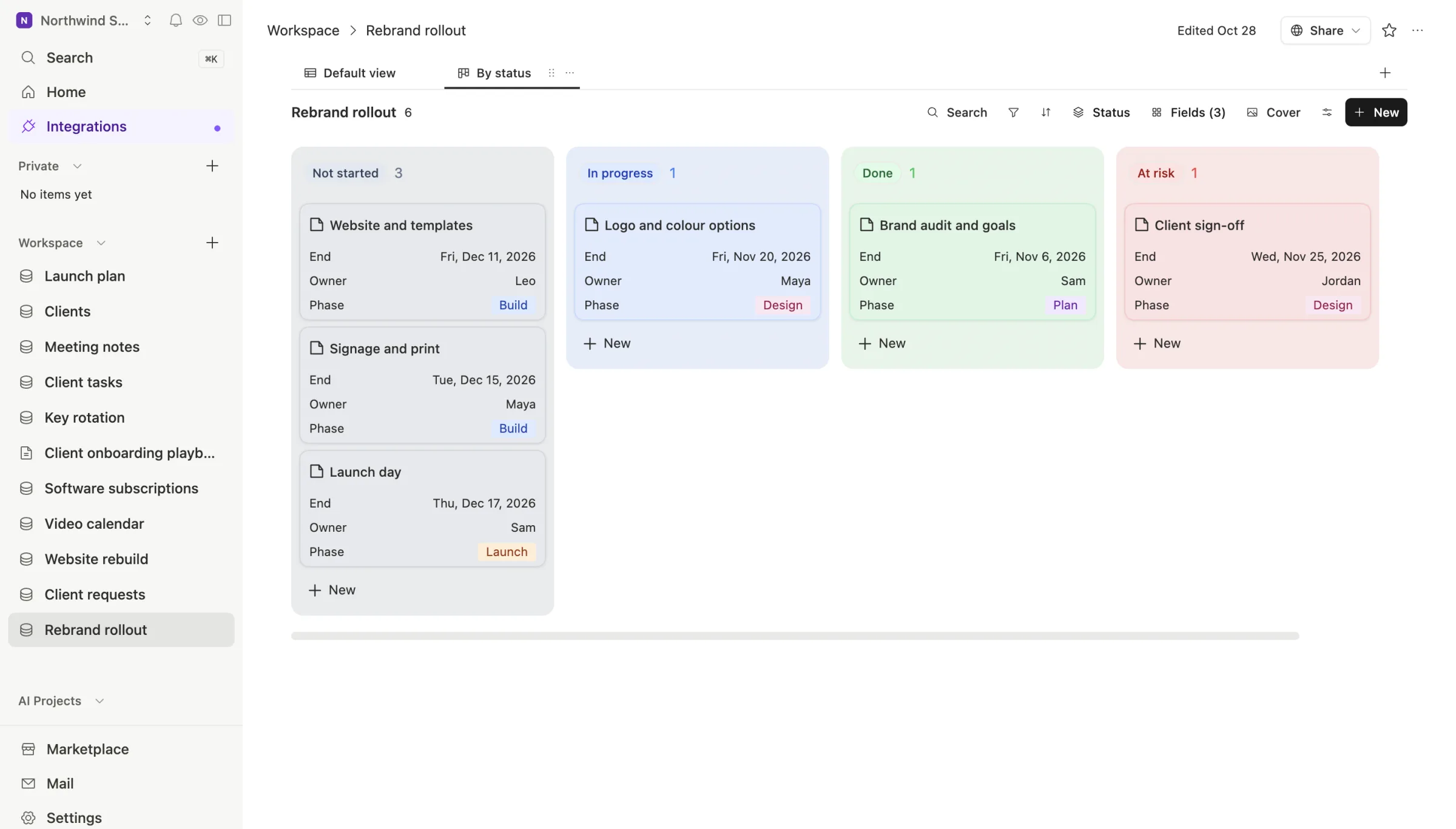 The same plan as a board in Team Brain, grouped by status: Not started, In progress, Done and At risk.