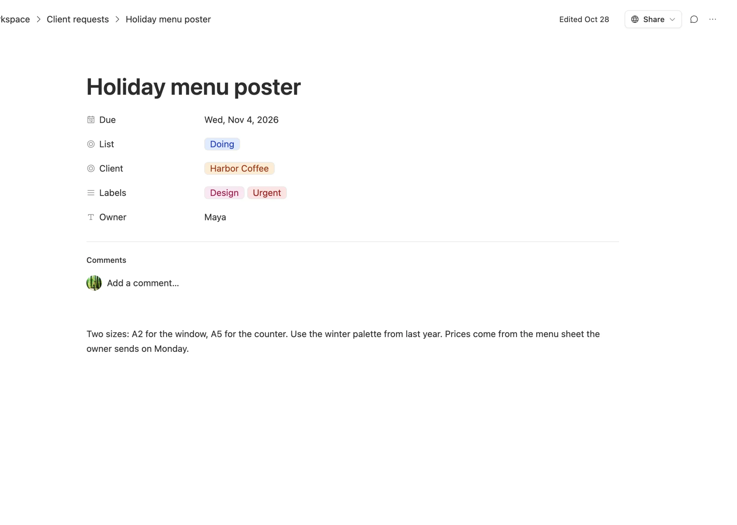 A card in Team Brain: due date, list, client, labels and owner above the brief for the job.