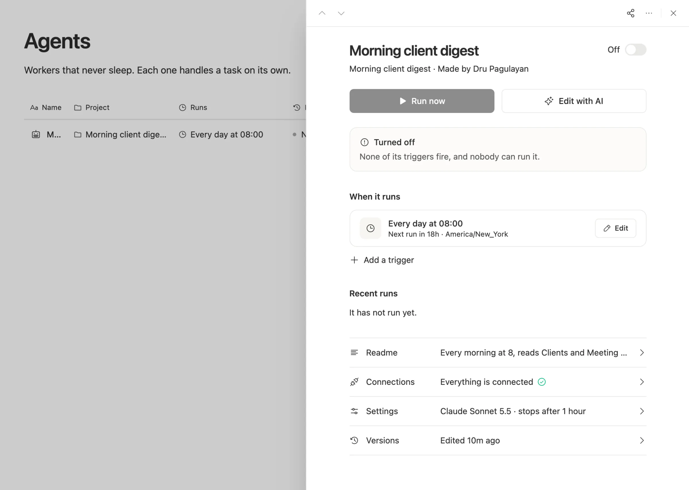 An agent in Team Brain: when it runs, its recent runs, and rows for its readme, connections, settings and versions.