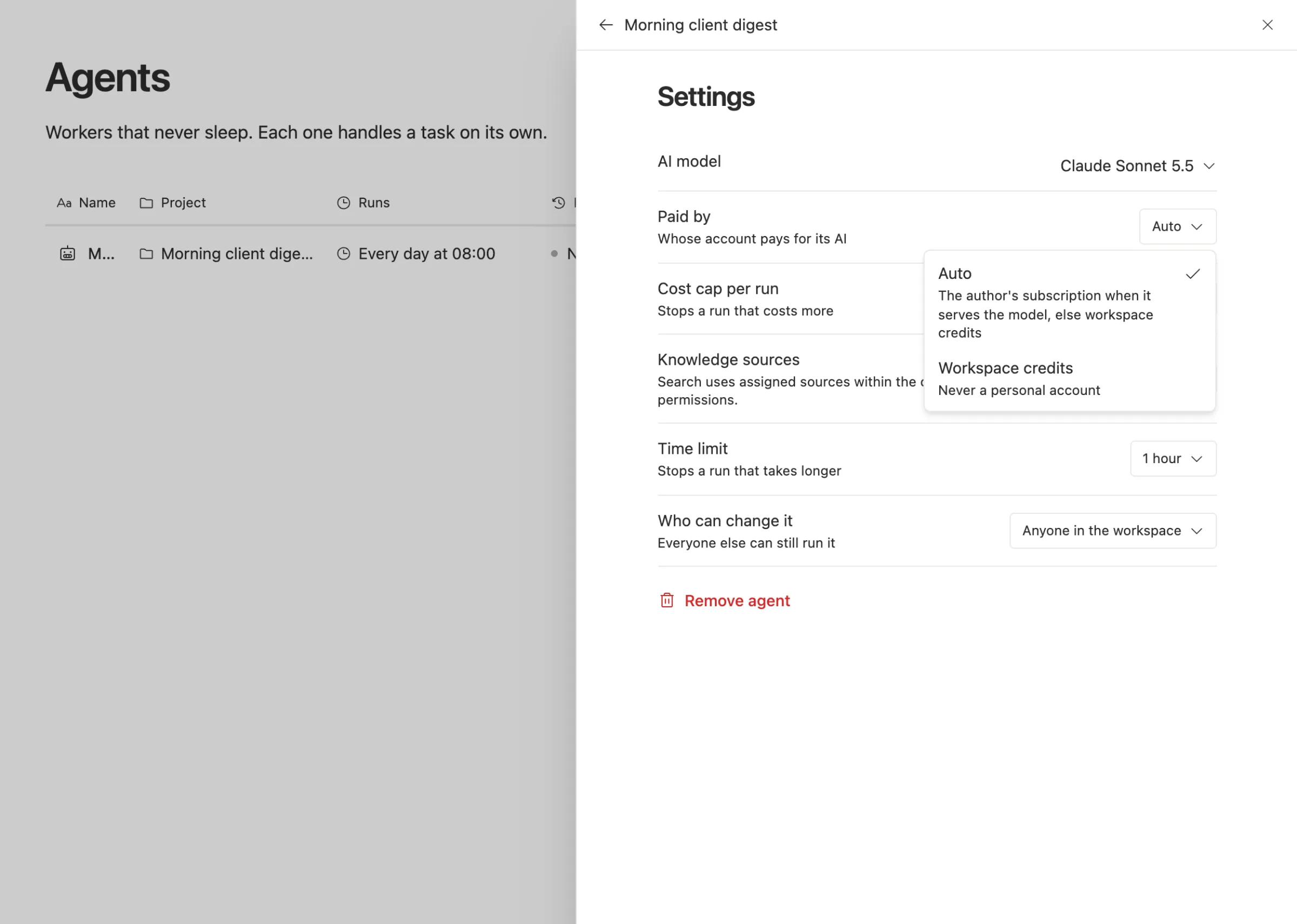 An agent's settings in Team Brain, with the Paid by menu open: Auto uses the author's subscription when it serves the model, Workspace credits never uses a personal account.